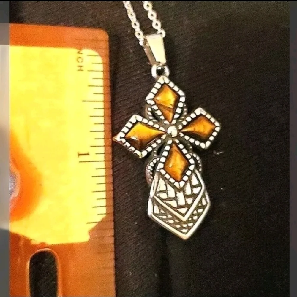 Tiger's Eye Cross Pendant Necklace Stainless Steel